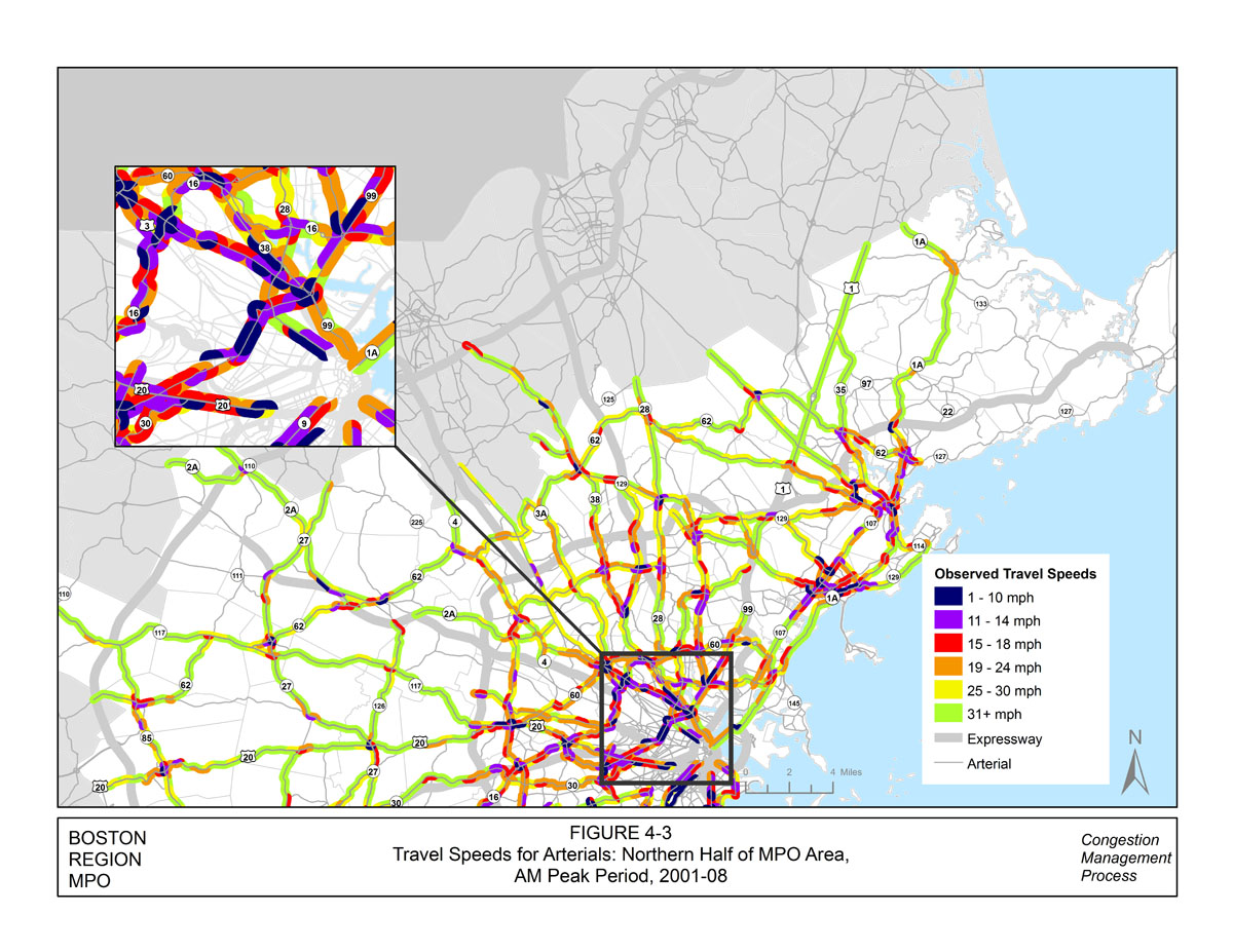 This figure displays the AM peak-period travel speeds for arterials in the northern half of the MPO area. The data for this map were collected between 2001 and 2008. The roadway links are color-coded to show their observed travel speeds. Speeds of 1 to 10 miles per hour are indicated in dark blue, 11 to 14 miles per hour speeds are indicated in purple, 15 to 18 miles per hour speeds are indicated in red, 19 to 24 miles per hour is indicated in orange, 25 to 30 miles per hour is indicated in yellow, and any speed indicated in green is at least 31 miles per hour. There is an inset map that displays the travel speeds for the inner core section of the Boston region.